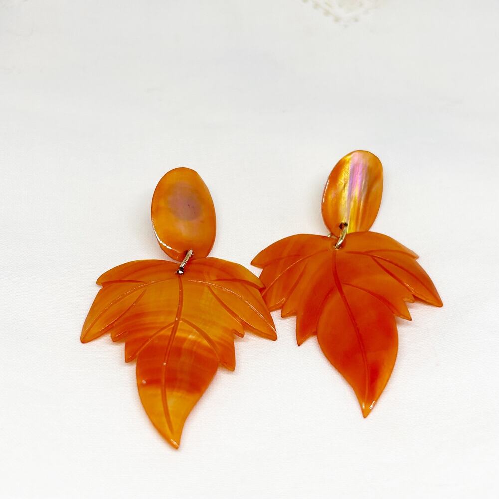Artisan Handmade Orange Shell Carved Leaf Shape Drop Earrings